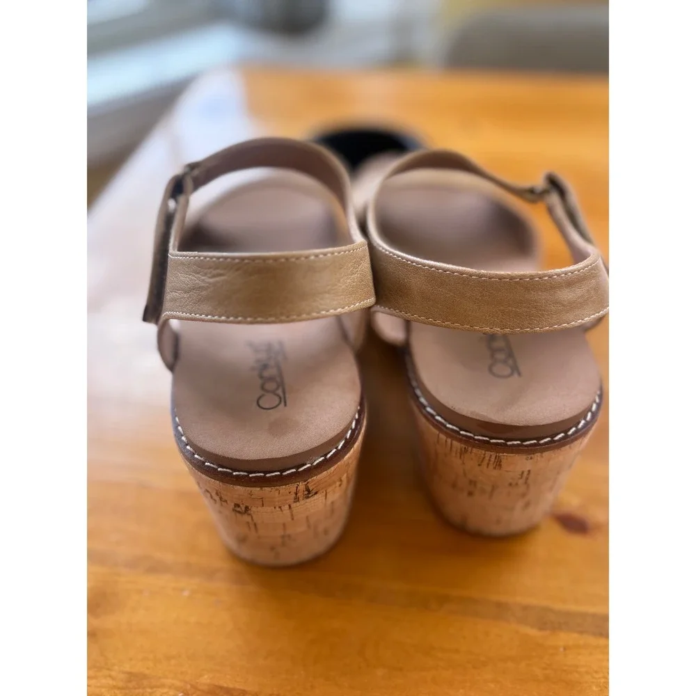 Corkys Footwear Womens Metallic Champagne Cork Wedge Sandals Size 9 Ankle Strap